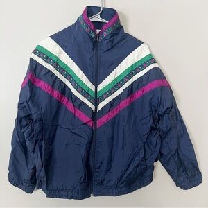 Vintage 80s Nylon Track Jacket Womens Large Colorblock Floral Navy Blue Purple